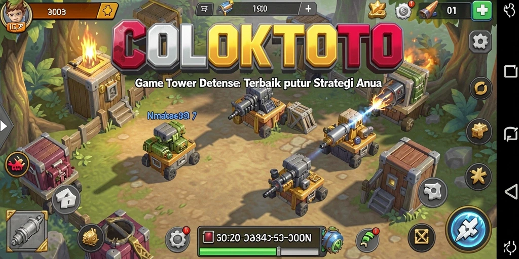 Tampilan gameplay <strong>COLOKTOTO</strong> menampilkan menara bertahan dan gelombang musuh yang menyerang.