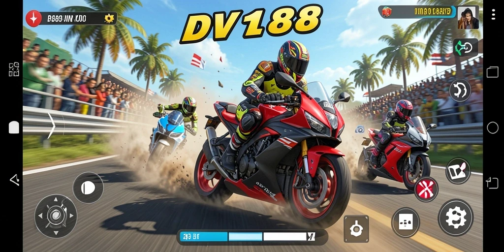 Screenshot gameplay DV188 menampilkan balapan motor yang penuh aksi.