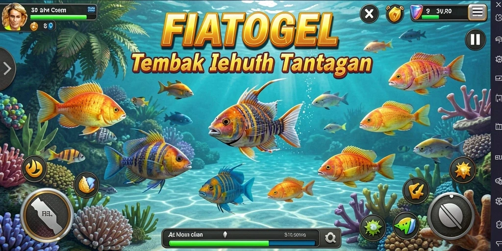 Gameplay seru dalam FIATOGEL saat menembak ikan berwarna-warni.