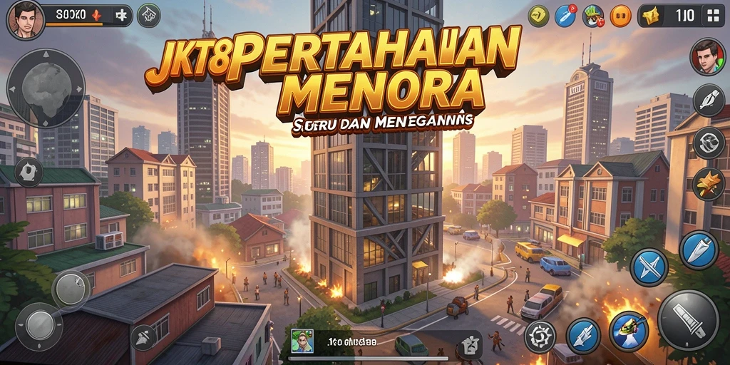 Screenshot gameplay JKT8 menunjukkan pertarungan menara melawan musuh.