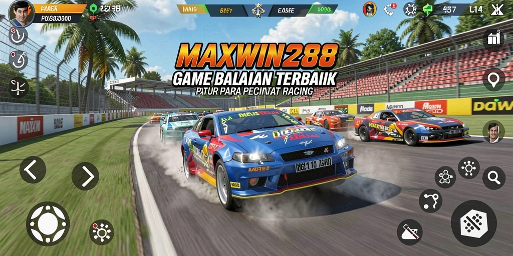 Tampilan gameplay seru dari MAXWIN288 saat balapan di lintasan.