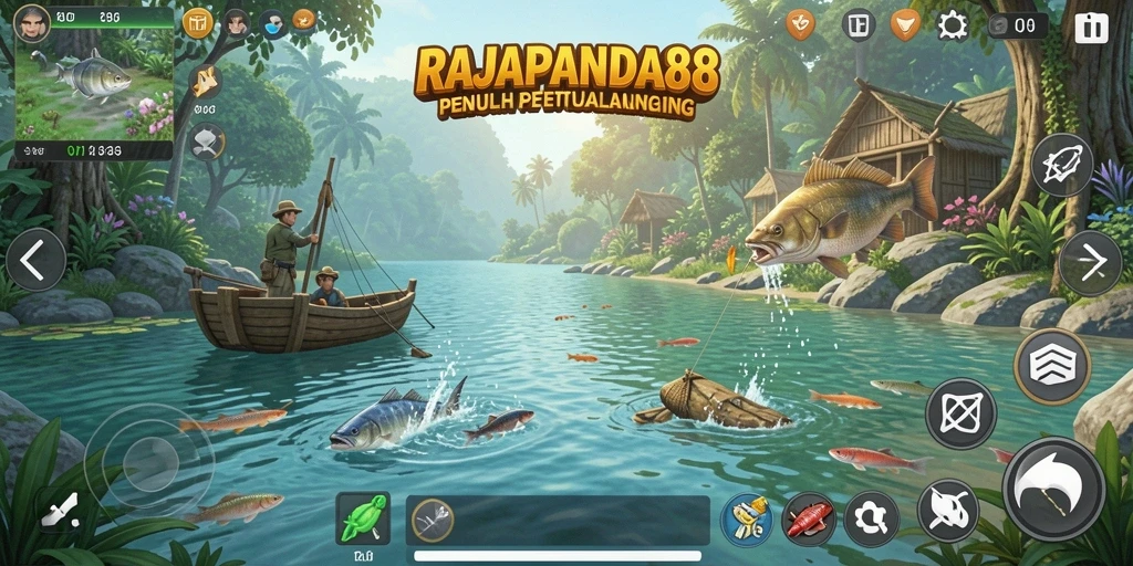 Gameplay seru RAJAPANDA88 saat memancing ikan.