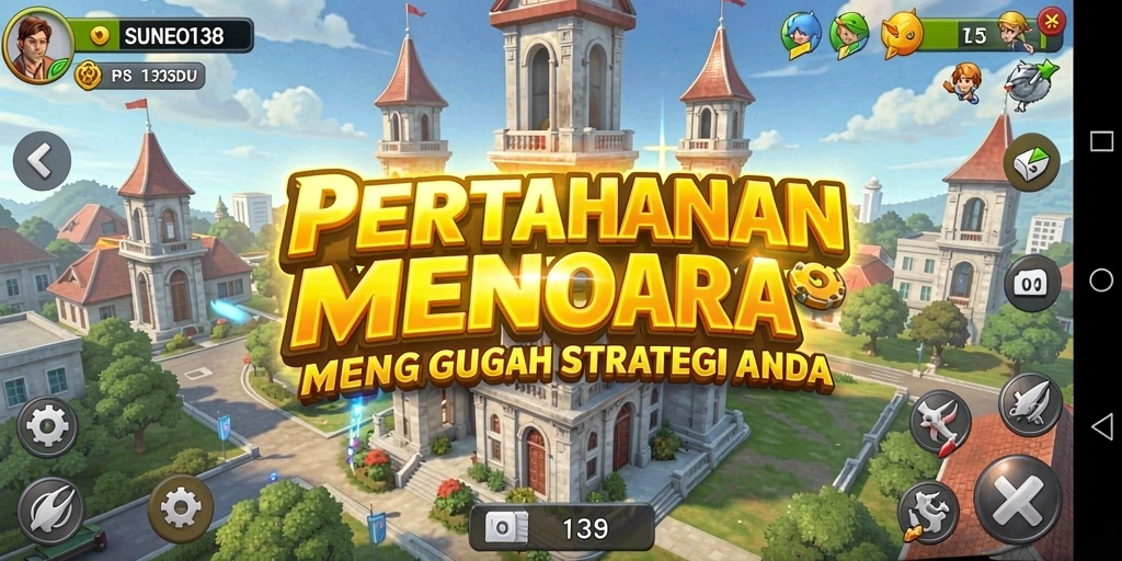 Tampilan permainan Tower Defense yang intens dengan menara melawan musuh.